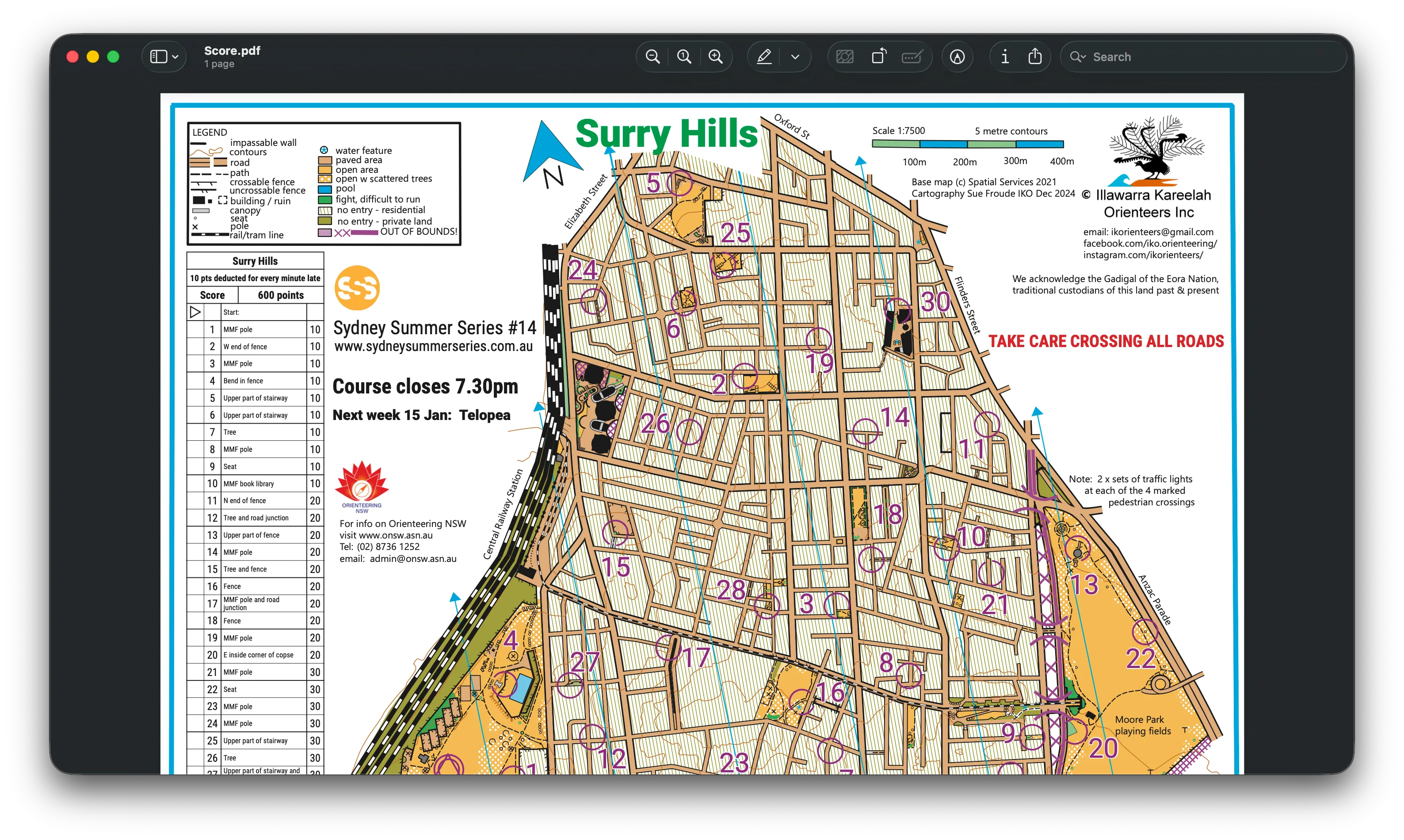 A screenshot of an orienteering map in Surry Hills