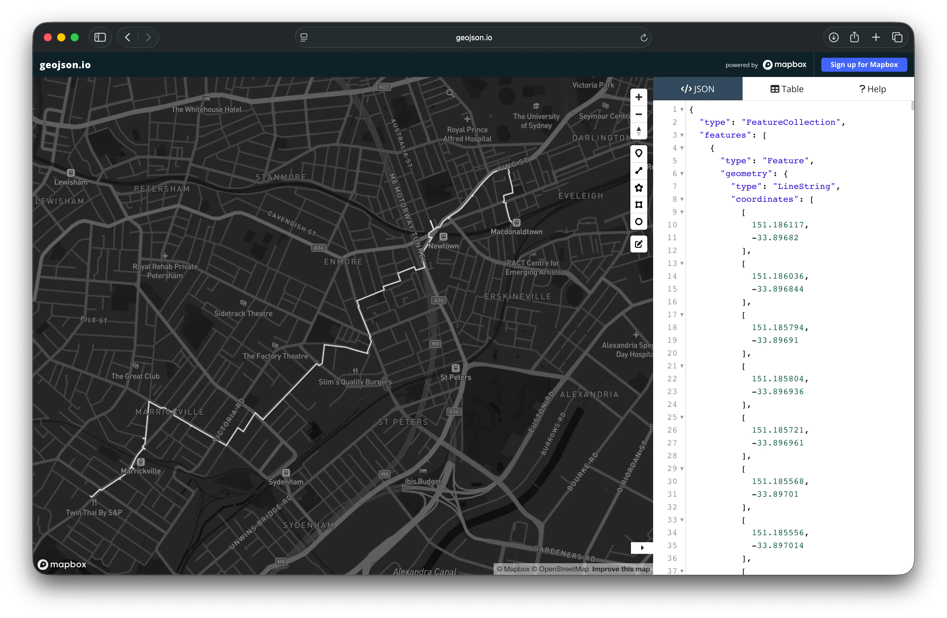A screenshot of route on a map